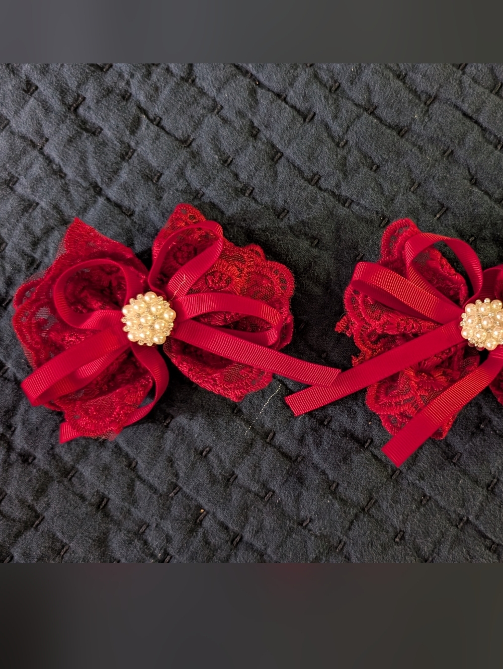 Red Lace Ribbon Hair Bows with Pearl Center